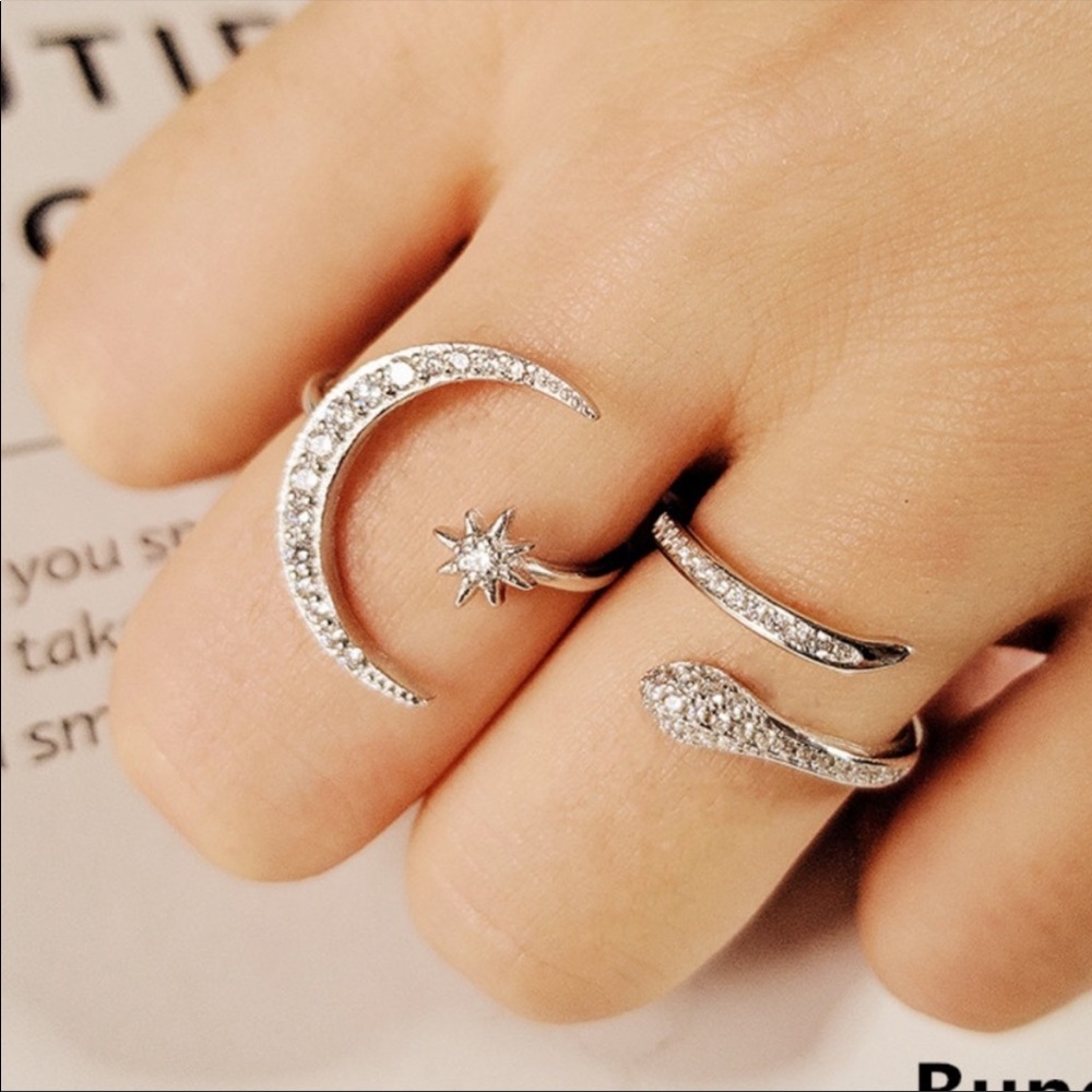 ADJUSTABLE 925 SILVER DIAMOND STAR MOON RING - Picture 2 of 8